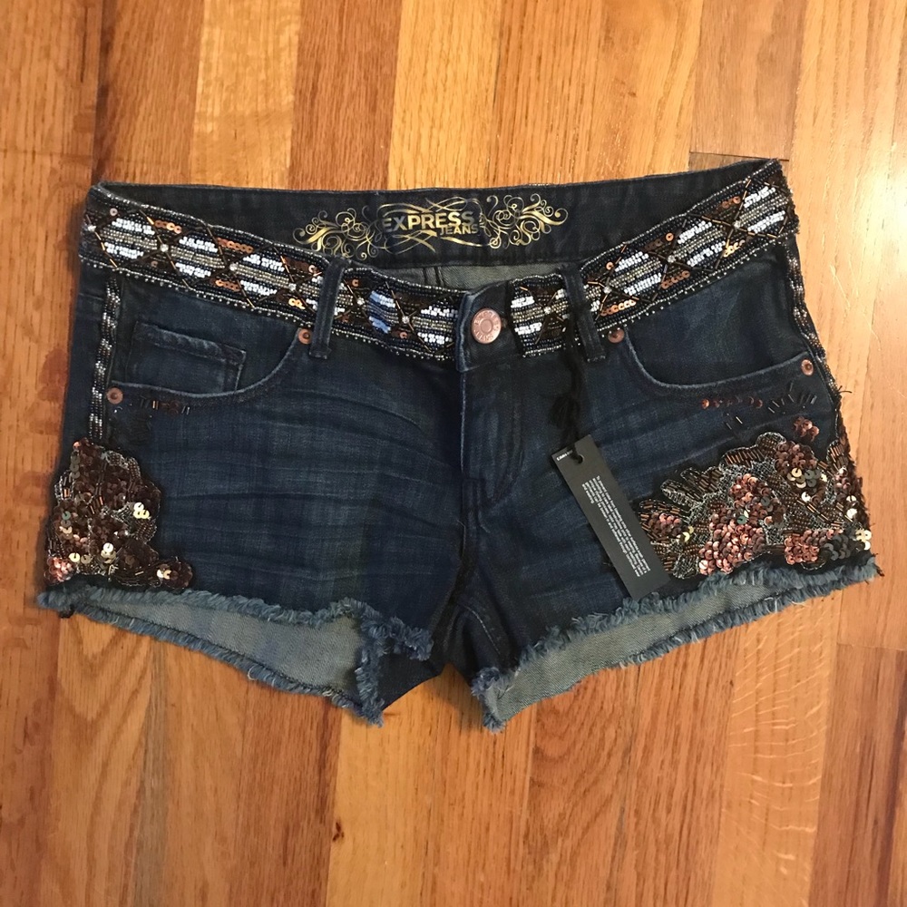 Embellished Cut Off Denim Shorts